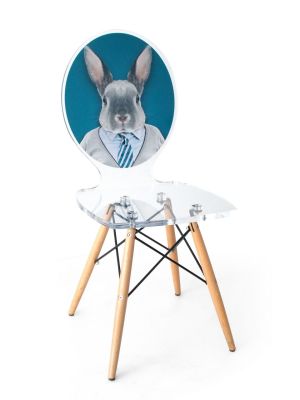 Chaise acrylique Graph pieds bois lapin fond bleu