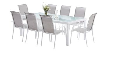 Salon de jardin Whitesun blanc/gris Table 8 places 8 fauteuils