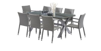 Salon de jardin Wicker tressé gris Table 6/8 places 2 fauteuils 6 chaises