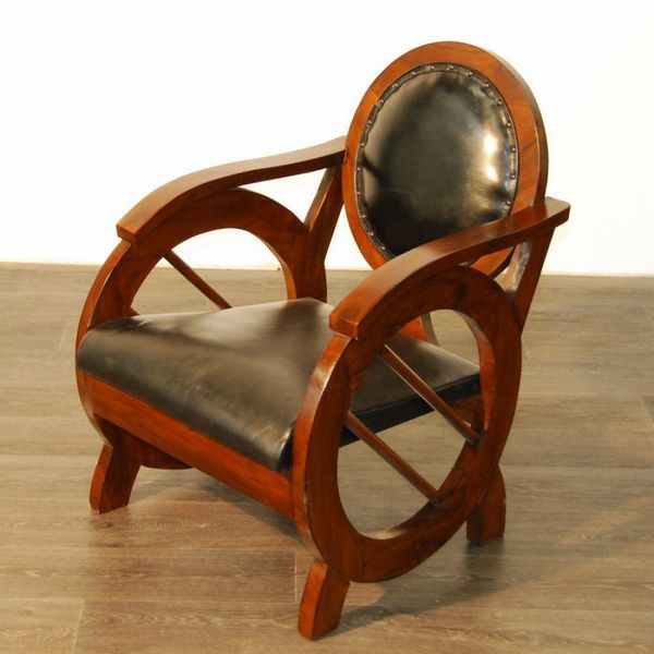Fauteuil rond teck et croûte de cuir