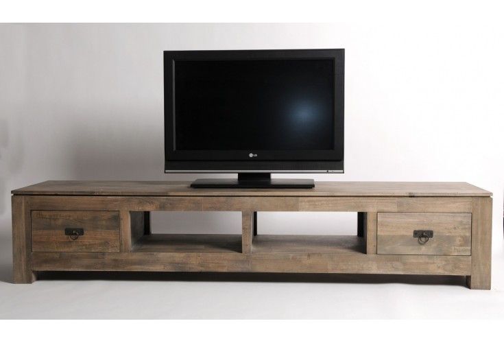 Meuble TV Hifi hévéa massif grisé 2 tiroirs 2 niches -> Meuble Tv Massif Gris Meuble TV Hifi hévéa massif grisé 2 tiroirs 2 niches -> Meuble Tv Massif Gris