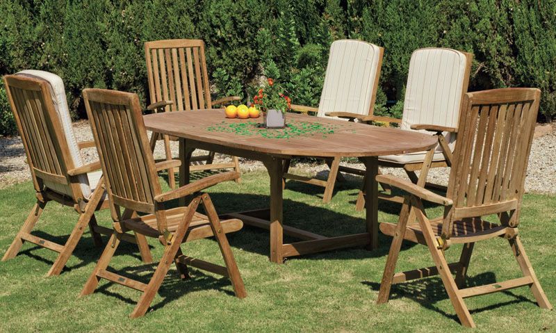 Fabriquer Sa Table De Jardin En Palette : Salon de jardin table Hévéa Seroni teck coussins rayés 6 places Fabriquer Sa Table De Jardin En Palette : Salon de jardin table Hévéa Seroni teck coussins rayés 6 places