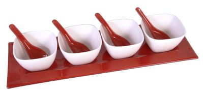 Set de 4 coupelles porcelaine + plateau et cuillères rouges - Aulica