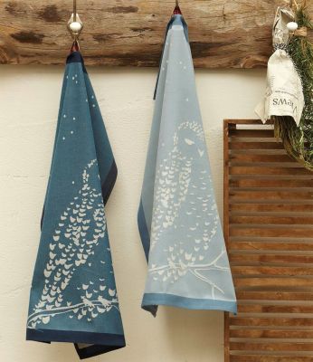 Torchon Nuit blanche motif chouette bleu coton jacquard 50x70 - Sylvie Thiriez