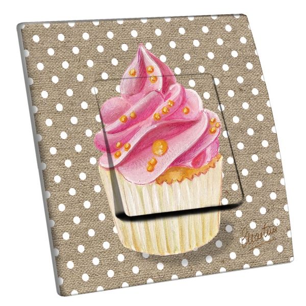 Interrupteur décoré Cupcake rose et lin poussoir - Decorupteur