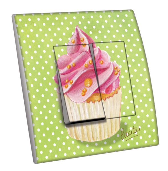 Interrupteur décoré Cupcake rose vert pois double - Decorupteur