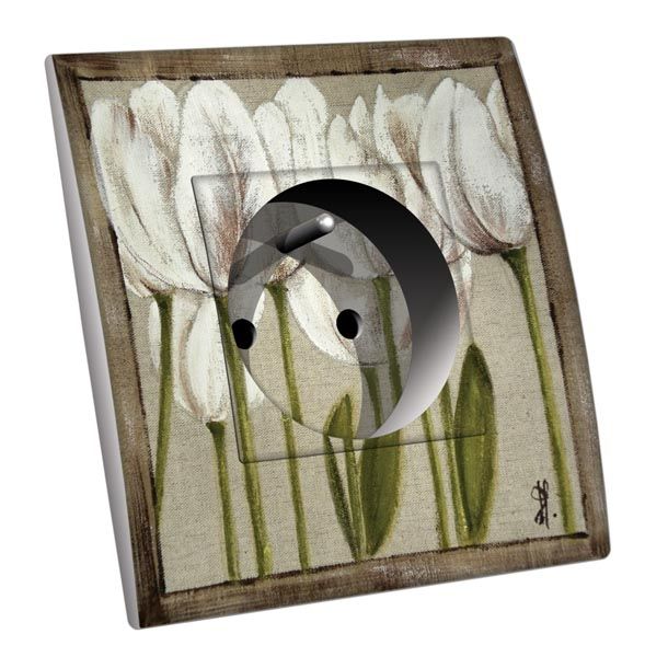 Prise décorée Campagne / Tulipes blanches 2 pôles + terre - Decorupteur