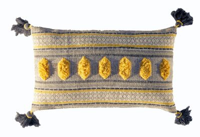 Coussin Mykonos inspiration ethnique rayures et pompons jaune 35x60 - Toulemonde Bochart