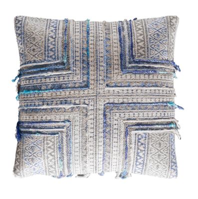 Coussin Patmos en coton rayures motifs et brodé ethniques bleu 45x45 - Toulemonde Bochart