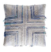 Coussin Patmos en coton rayures motifs et brodé ethniques bleu 45x45 - Toulemonde Bochart