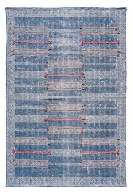 Tapis Kos en coton fils colorés et motifs ethniques bleus indigo 200x300 - Toulemonde Bochart