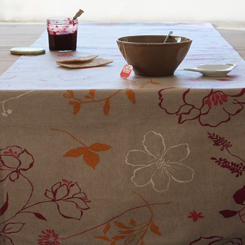 Chemin de table Camélia orange coton enduit ourlé 160x50 - Fleur de Soleil