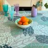 Chemin de table Feuilles turquoise gris coton enduit ourlé