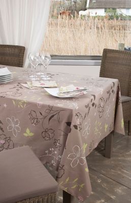 Nappe Camélia taupe coton enduit non ourlée 160x200 - Fleur de Soleil