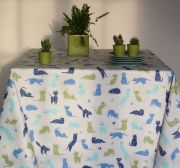 Nappe Chats bleu coton enduit ourlée 160x160 - Fleur de Soleil