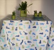 Nappe Chats bleu coton enduit ourlée ronde Ø160 - Fleur de Soleil