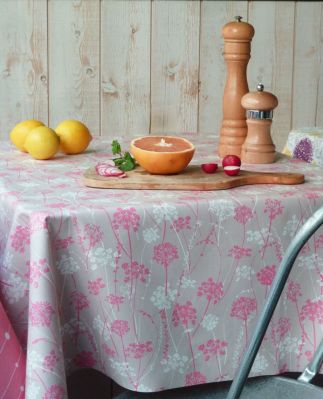 Nappe Herbes folles rose coton enduit ourlée ovale 160x240 - Fleur de Soleil