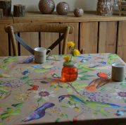 Nappe Oiseaux taupe coton enduit non ourlée 160x160 - Fleur de Soleil