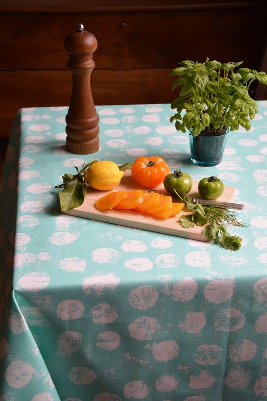 Nappe Pastille turquoise coton enduit non ourlée 120x180 - Fleur de Soleil