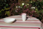 Nappe Rayure taupe/rose coton enduit ourlée ovale 160x240 - Fleur de Soleil