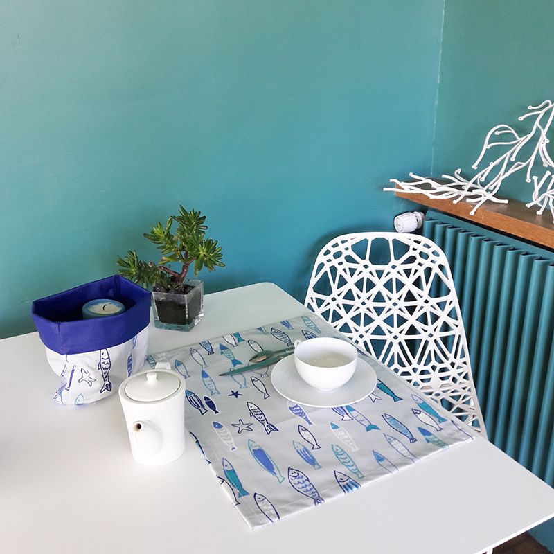 Set de table Poisson bleu coton enduit ourlé 45x35 - Fleur de Soleil