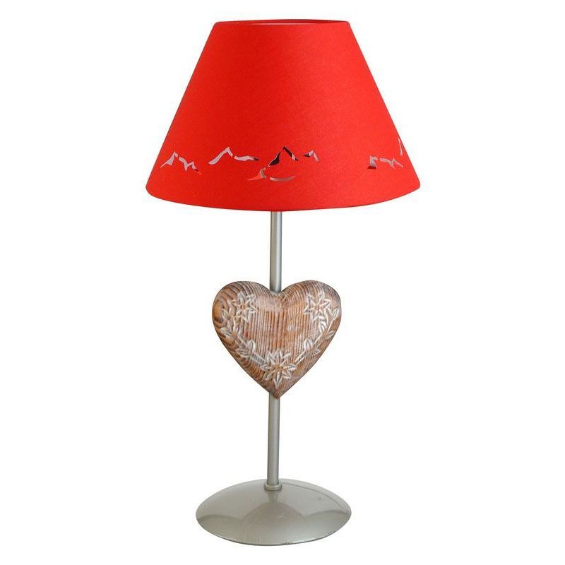Lampe de chevet métal peint argent motif coeur + abat-jour rouge H41