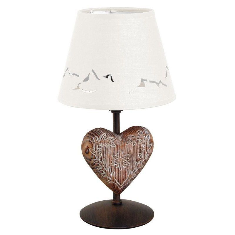 Lampe métal décor patiné motif coeur + abat-jour blanc H29