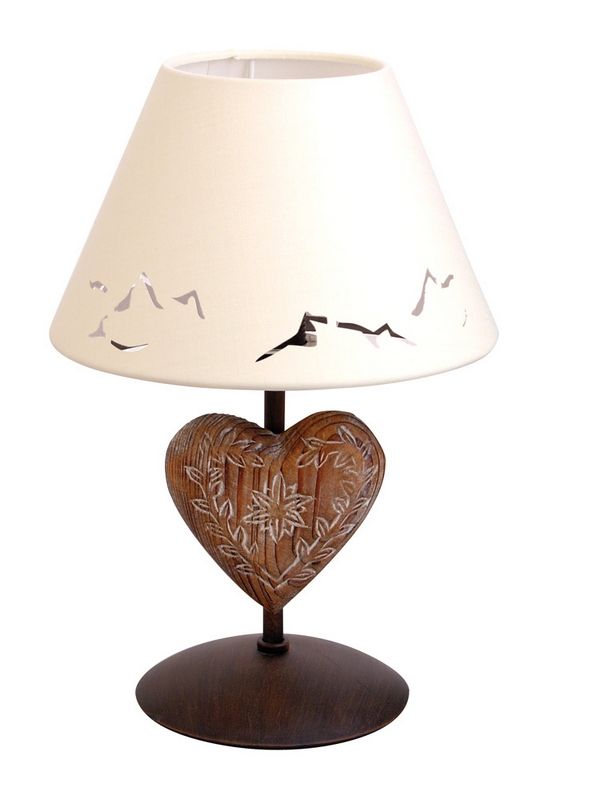 Lampe métal décor patiné motif coeur + abat-jour blanc H30