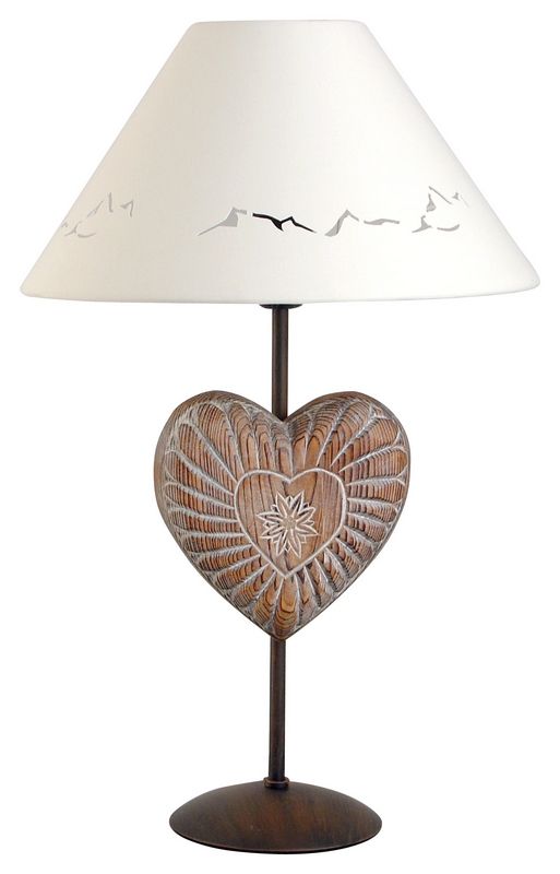 Lampe métal décor patiné motif coeur + abat-jour blanc H47