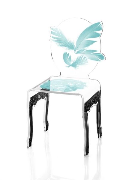 Chaise acrylique Plume turquoise pieds noirs - Acrila