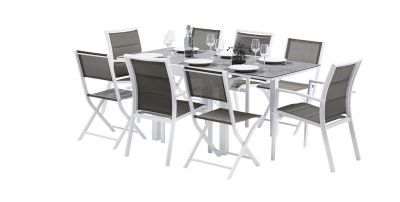 Salon de jardin Modulo Stone Blanc/gris Table 4/8 pl 4 fauteuils 4 chaises