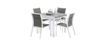 Salon de jardin Modulo Stone Blanc/gris perle Table 4/8 places 4 fauteuils