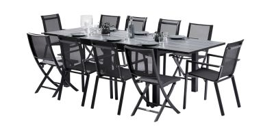 Salon de jardin Star HPL noir Table 6/10 places 6 fauteuils 4 chaises