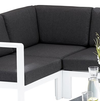 Sofa d'angle Orlando en aluminium coloris blanc coussins anthracite