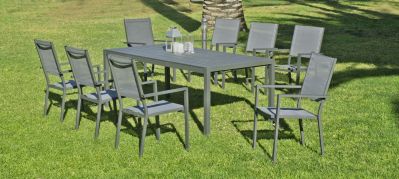 Salon de jardin aluminium Ibiza anthracite 8 places 1 table + 8 fauteuils