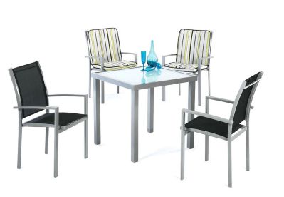 Salon de jardin aluminium Perseo gris-argent 4 places 1 table + 4 fauteuils