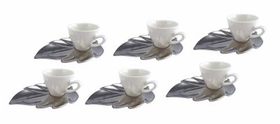 Set 6 tasses porcelaine + soucoupes feuilles métal - Aulica