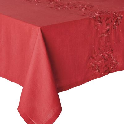 Chemin de table Saisons lin broderies feuillages rouge Cranberry 50x150