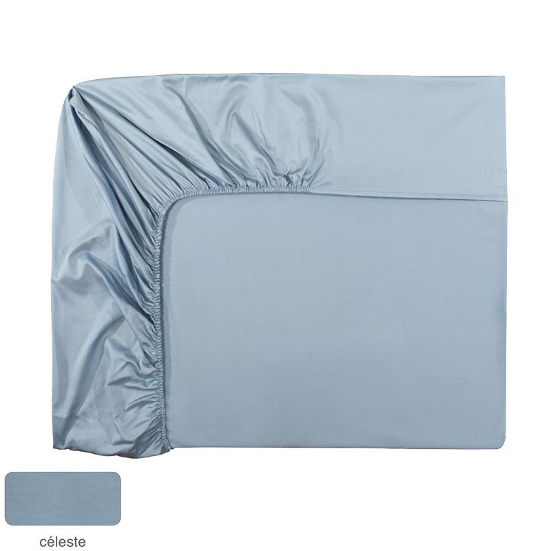 Drap housse uni Teo Céleste satin de coton 160x200