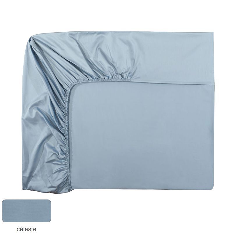 Drap housse uni Teo Céleste satin de coton TPR 2x90x200 - Alexandre Turpault