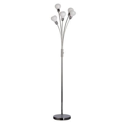 Lampadaire métal chromé abat-jour ampoule verre blanc LEDs 5 éclairages