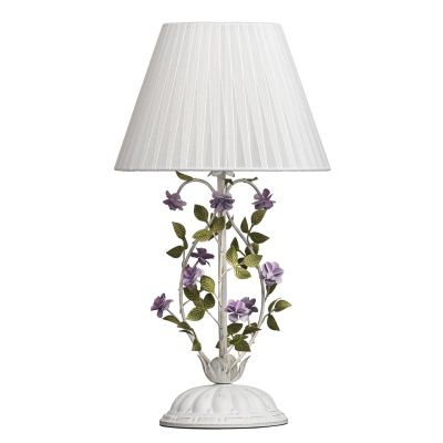 Lampe de chevet métal blanc effet usé pied fleuris vert et violet