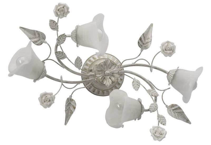 Plafonnier feuillage et fleurs métal blanc usé 4 éclairages