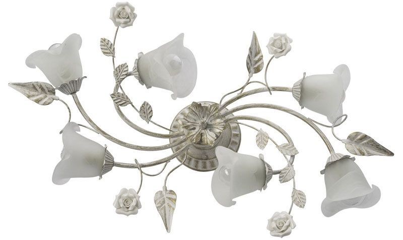 Plafonnier feuillage et fleurs métal blanc usé 6 éclairages