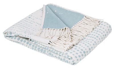 Plaid Lagos coton motifs gouttes jacquard franges bleu Glacier 130x180 - Toison d'Or