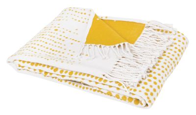 Plaid Lagos coton motifs gouttes jacquard franges jaune Curry 130x180 - Toison d'Or