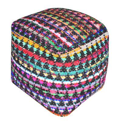 Pouf Prizma charbon/multicolore motifs triangles coton recyclé - The Rug Republic