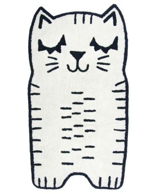Tapis Charlie en coton forme et motif chat blanc rayures noires 80x150 - Nattiot