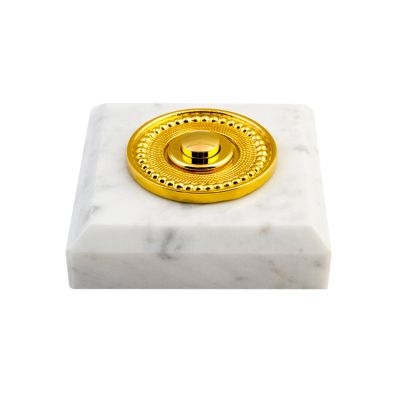 Bouton sonnette filaire carré en marbre blanc collerette perlée laiton - Sonnette déco