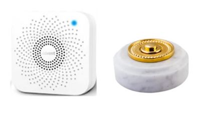 Sonnette déco sans fil ronde/collerette perlée/marbre blanc/bouton laiton - Sonnette déco